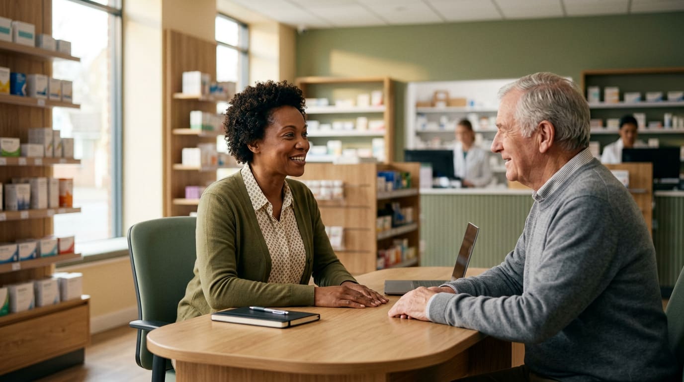 Welcoming UK community pharmacy interior with consultation area