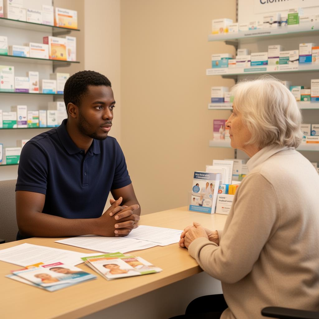 Pharmacist consulting patient about altitude sickness prevention