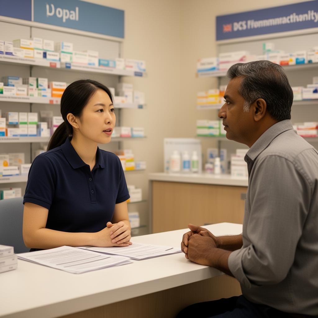 Pharmacist consulting patient about DVT prevention during travel