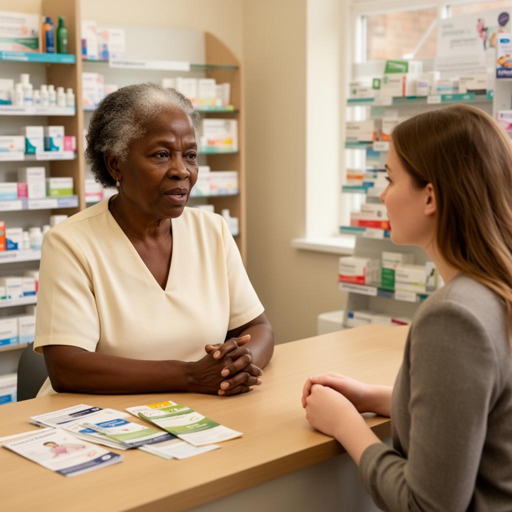 Pharmacist advising patient about managing jet lag