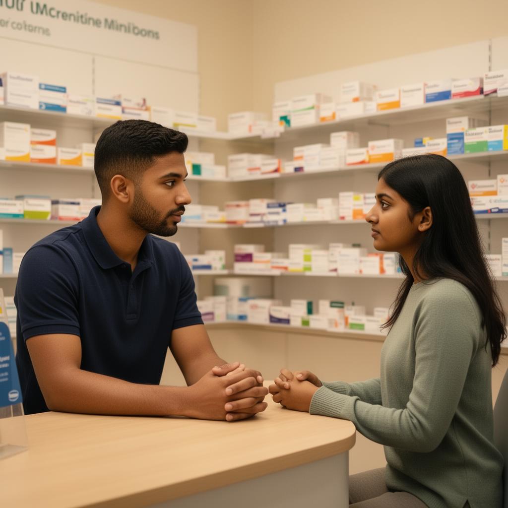 Pharmacist advising patient about malaria prevention
